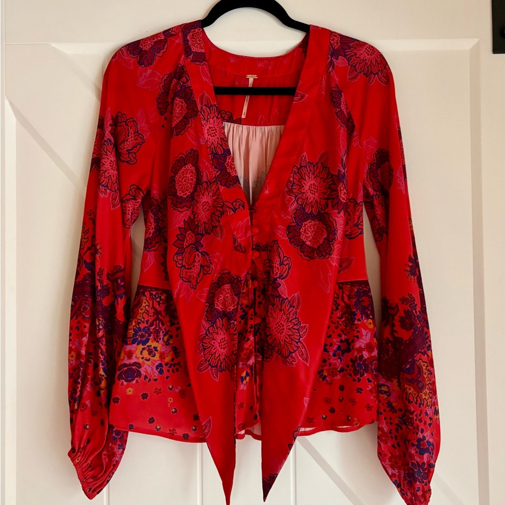 Free People Red Floral Boho Peplum Top S